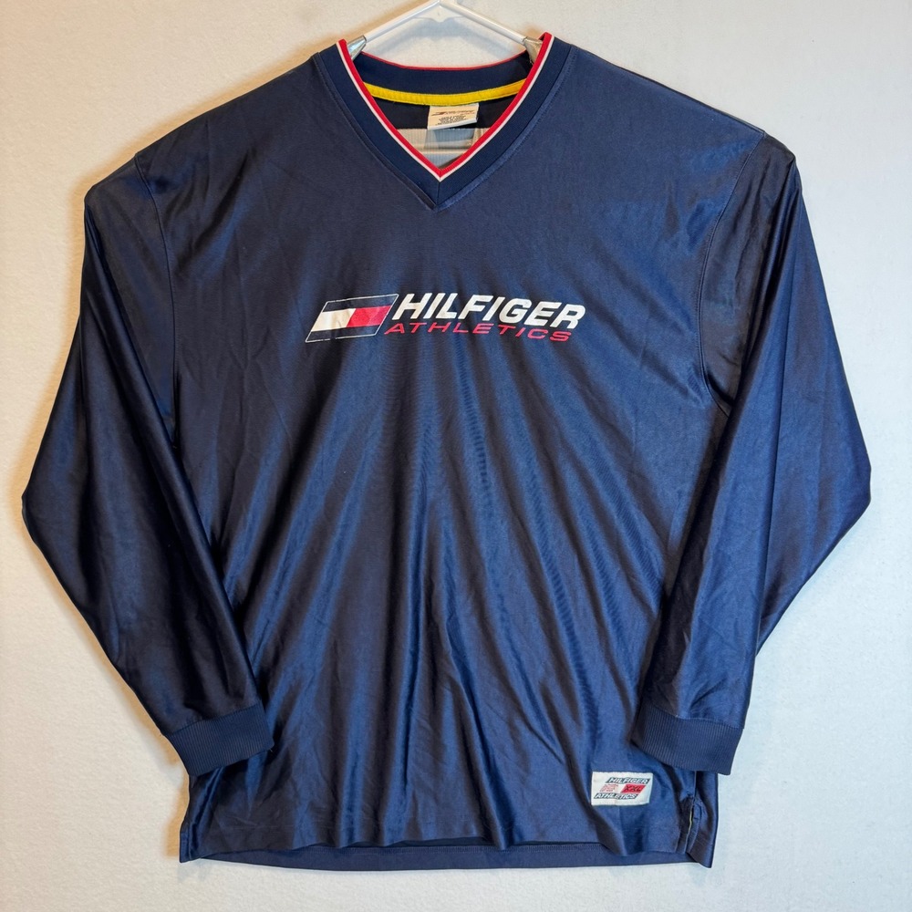 Vintage Tommy Hilfiger Athletics Navy Blue Jersey Retro Shiny Y2K‎ Satin Mens XL